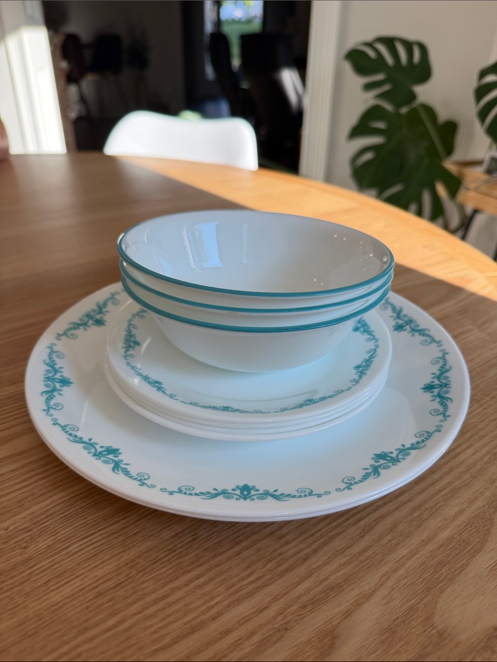 Vintage Corelle Corning Garden Lace Teal dinnerware 9 pc Lot